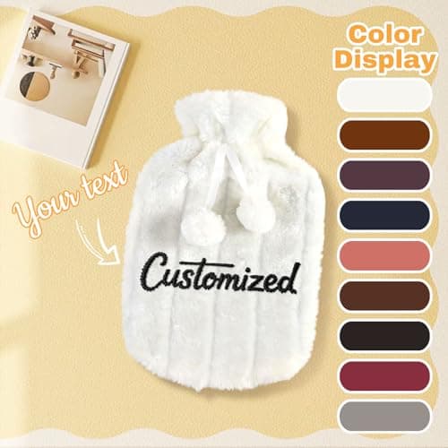 Personalised Hot Water Bottle with Fluffy Cover Hotwater Bottles for Adults with Embroidered Text Hot Water Bag for Pain Relief Period Pain, Personalised Gifts for Women Mom Grandma (White) — view 3