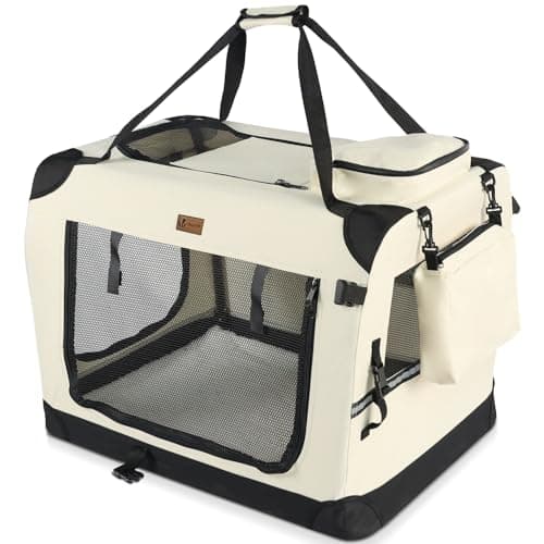 VOUNOT® Dog Carrier XL, Foldable Pet Travel Transport Bag, Extra Large Portable Fabric Dog Crate w/Cushion, Beige