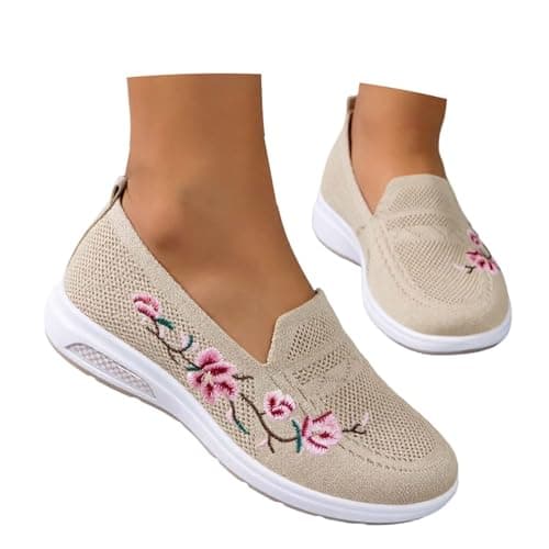 Slip On Shoes Women Embroidered Orthopedic Walking Shoes Breathable Mesh Sneakers Slip-On Lightweight Work Mom Shoe,for Outdoor Walking Traveling Hiking Size 3-11 Khaki