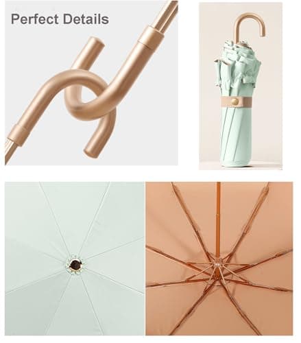 LCY Floral Edge Folding Umbrella Anti-UV Parasol with Hook Handle Sunproof Rainproof & Windproof Umbrella-Light Green&Khaki — view 5