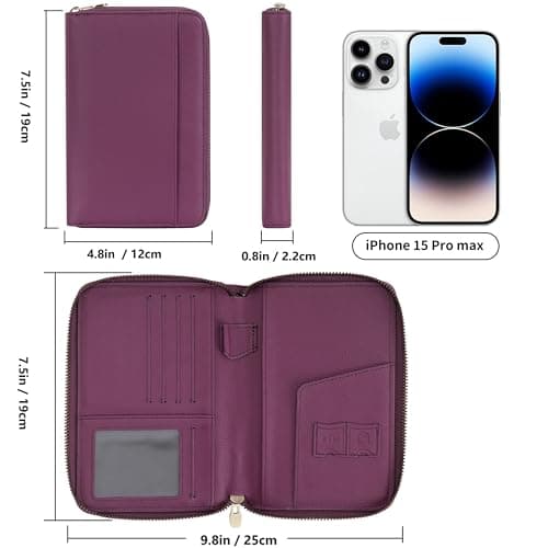 WASON Leather Zipper Travel Passport Wallet Holder RFID Blocking Cover, Passport case Pocket Slot for Card, Cash, ID, Boarding Pass and Ticket for Men, Women and Family Trips (Purple) — view 6