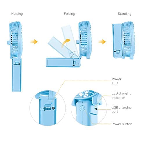 EasyAcc Handheld Fan USB Fans Portable Hand Fan 3 Speeds 180° Foldable with 6 Blades Personal Electric Mini Outdoor Fan with Rechargeable Battery Foldable Handle Desktop for Home Travel Outdoor - Blue — view 5