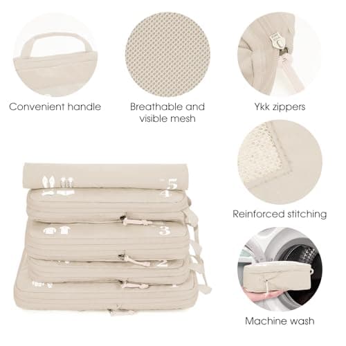 ECOHUB 5 Set Compression Packing Cubes for Suitcases Organiser Bags Travel Accessories with Shoes Bag Tear-resistant Travel Cubes with ID Tag Expandable Packing Bags(Beige) — view 6