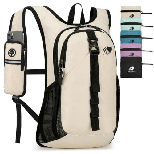 Outplea 15L Foldable Hiking Backpack Men Women, Small Ultralight Casual Daypack with Phone Holder for Outdoor Walking Travel, Beige