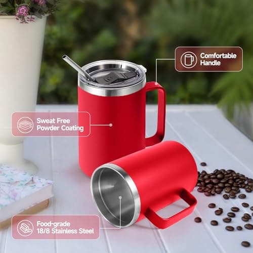 Volhoply 470ml (16oz) Insulated Coffee Mug with Lid and Straw, Stainless Steel Travel Mugs with Handle, Double Wall Vacuum Leak Proof Coffee Tumbler Cup (Red,1) — view 4