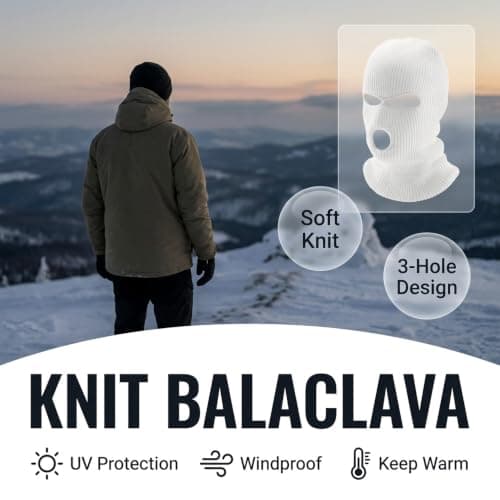 Gaomumu 3-Hole Knitted Balaclava, Windproof Thermal Full Face Cover, Stretch Warm Knit Head Neck Protector, Suitable for Cycling Skiing Hiking Winter Outdoor Sports(White) — view 4