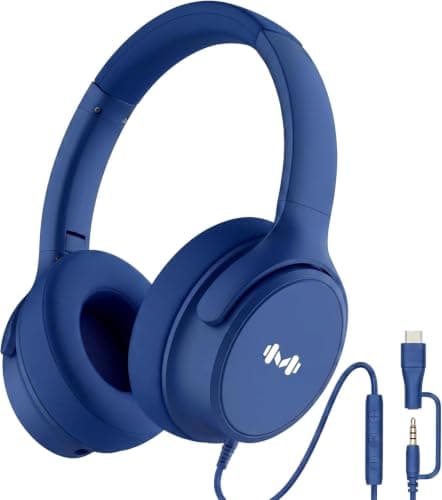 Zollexa Wired Over-Ear Headphones, Mic, 3.5mm, USB-C Adapter, Dark Blue