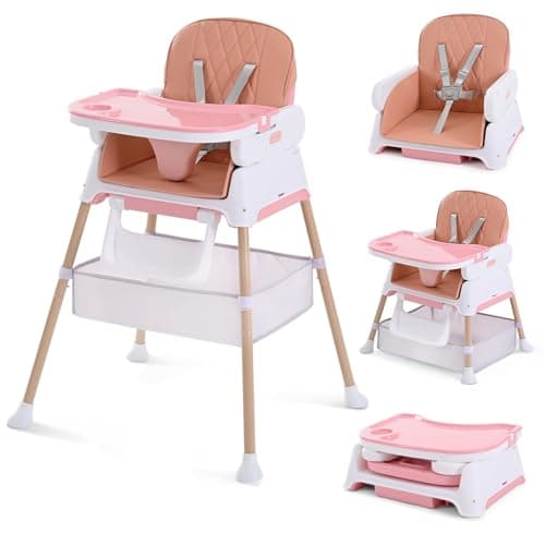 High Chairs for Babies and Toddlers, Adjustable Convertible 3 in 1 Baby High Chair, Portable Compact Baby Infant Feeding Chair Travel Highchair Booster for Toddler, from 6 Month to 3 Years Pink