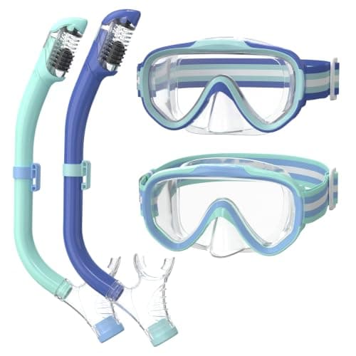 ACURE Kids Swim Goggles for Boys Girls Ages 3-14, Anti-Fog Snorkel Mask Set with Nose Cover and Fabric Strap Children Diving Mask in Swimming Pool for Youth (Blue & Mint/Blue, Mask & Snorkel Set)
