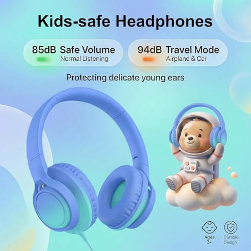 Zollexa Kids Wired Headphones, 85/94dB, Mic, USB-C Adapter, Sky Blue — view 3