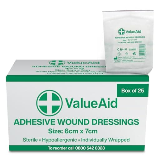 Value Aid Wound Dressings Adhesive - Breathable Non-Woven Sterile Dressing Pads - Comfortable Stretch-and-Conform Design - Pack of 25, Individually Wrapped (6cm x 7cm)