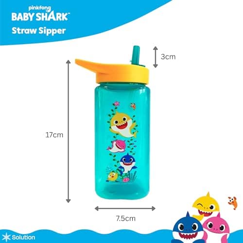 Baby Shark Water Bottle, 6M+ BPA Free 2 Pack 420ml Straw Sipper for Toddlers, Reusable Non Spill Flip Up Yellow Green Kids Lightweight School Nursery Bottle — view 2