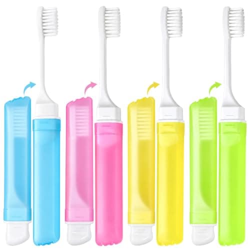 4Pcs Travel Toothbrush, Foldable Soft Bristle Toothbrushes with Travel Case, Portable Mini Toothbrush Set for Adults Kids, Camping Hiking Hotel Home Oral Care (Blue, Pink, Green, Yellow)