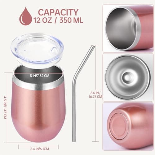 Volhoply 12oz Stainless Steel Wine Tumbler with Lid and Straw,350ml Double Wall Vacuum Insulated Stemless Wine Glasses,Travel Coffee Mug for Cold Drinks,Tumblers Gifts for Women Men（Rose Gold,1 Set） — view 2