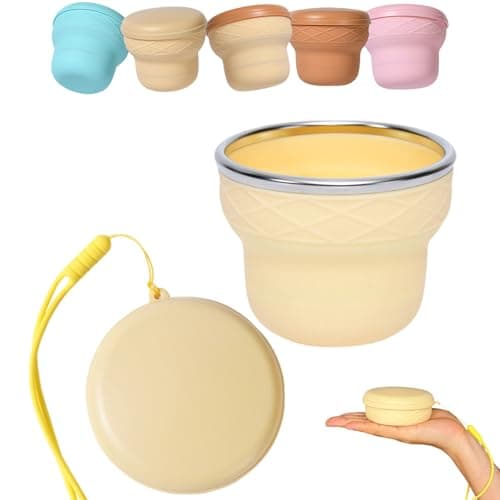 Collapsible Travel Cup 7oz Silicone Foldable Water Cup, Cute Ice Cream Cone Shape, Macaron Colors, BPA-Free with Lid - Portable Drinking Cup for Camping, Hiking & Outdoor Travel (Cream Color)