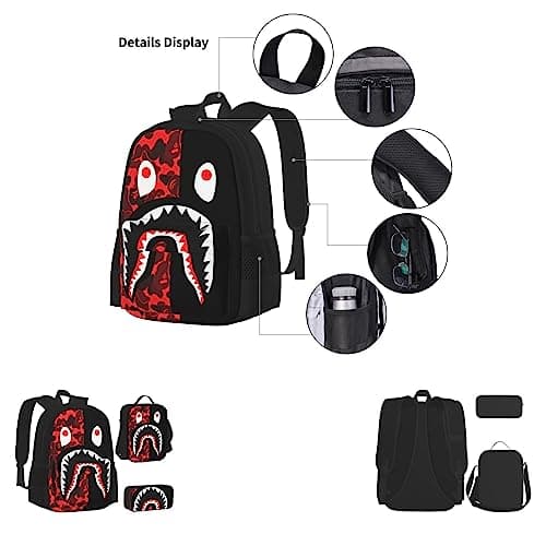AABSTBFM Red-Black Shark School Bookbags Set with Lunch Bag Pencil Case, Travel Laptop Backpack School Bag 3pcs Set — view 3