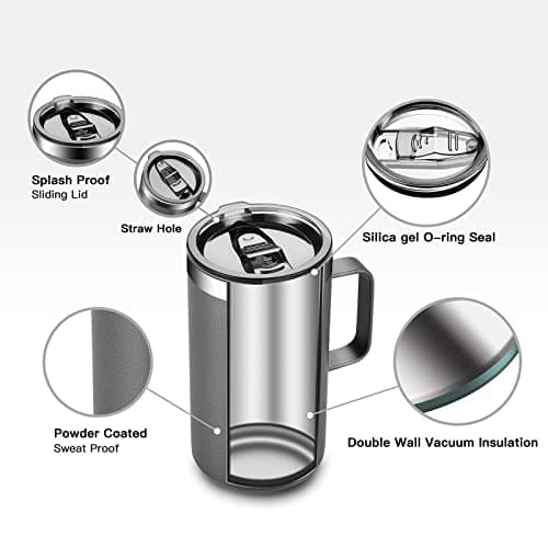 KXIAOCHEN 20oz Insulated Coffee Mug with Lid, Stainless Steel Coffee Mug, Double Wall Vacuum Coffee Mug with Handle, Premium Thermal Travel Coffee Mug (Silver Grey) — view 6