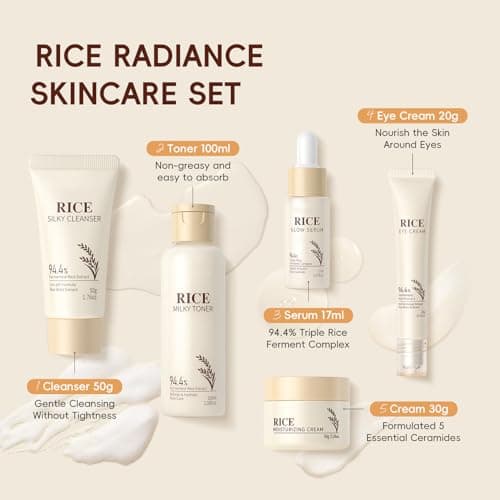 Korean Skincare Set,Glass Skin Care Gift Set,Rice Skin Care Sets & Kits-Rice Cleanser,Toner,Serum,Cream,Eye Cream,Facial Kit for Glowing Skin,Rice Raw Pulp Beauty Gift Set for Women (One Size, Rice) — view 5