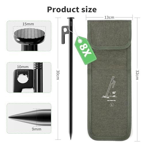 Forever Speed 8pcs Steel Tent Pegs with Storage Bag,30cm Heavy Duty Tent Pegs,Ground Pegs Camping Pegs for Hard Lands,Woods,Lawns,Awning Pegs for Outdoor Camping,Hiking,Backpacking — view 2