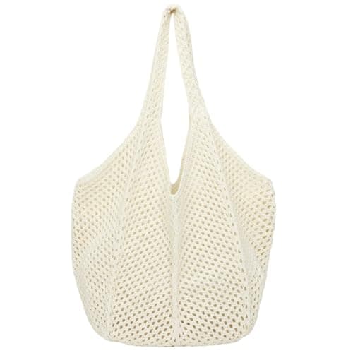 Aucuu Women Knitted Handbags, Retro Hollow Woven Shoulder Bags, Boho Shoulder Bag, Crochet Mesh Tote Bag, Beach Bag for Women, Travel Shopping Handbag for Holiday, Daily Work, Shopping, Travel-White