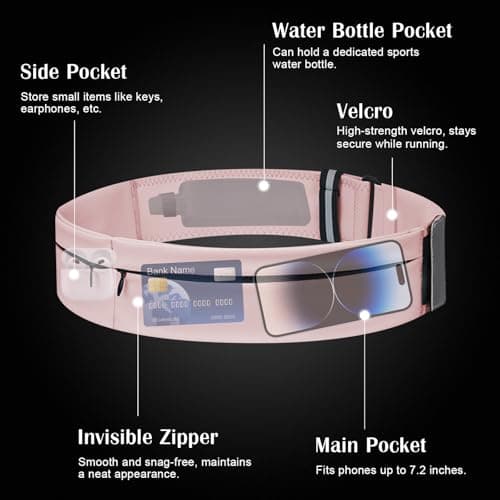 Running Belt for Women and Men Lightweight Running Waist Belt with Water Bottle Pocket, Multi-Pocket Phone Holder Running Pouch (1, Pink, Large-31.5" - 45.3") — view 4