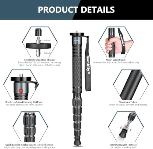 Manbily A-555L Monopods for Cameras 40cm - 155cm Camera Monopod Walking Stick with Handle Portable Compact Travel Monopod Aluminum Selfie Stick 6 Sections 7KG for DSLR Video Camcorder Stand (Grey) — view 4