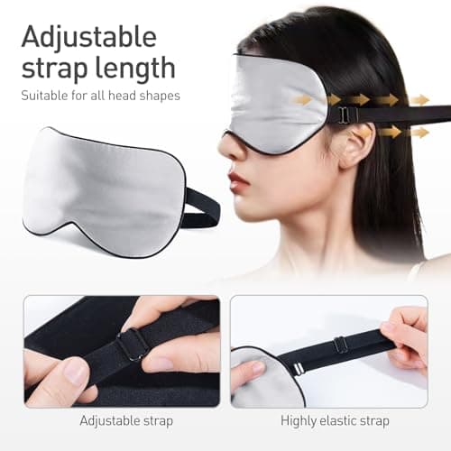 Viedouce Sleep Eye Mask,100% Natural Silk Eye Mask for Sleeping,Eye Blinder with Adjustable Strap and Ear Plug,Light-Blackout Design,Soft Sleep Mask for Women,Men and Kids(Silver) — view 5