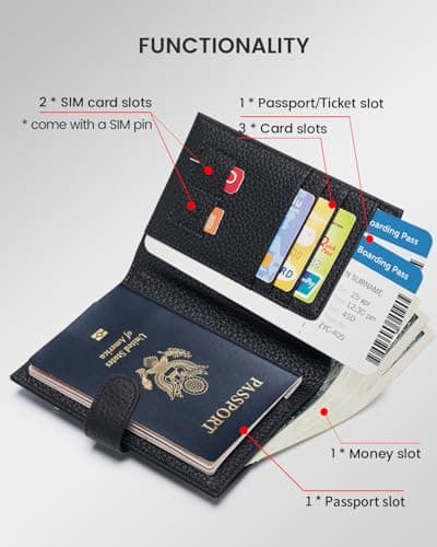 Karmiir RFID Blocking Leather Passport Wallet, Compact Travel Wallet for Women & Men, Black, 9 Compartments, 3 Card Slots, Zippered Coins Pocket, Slim & Portable, Unisex-Adults, Gift Option — view 2