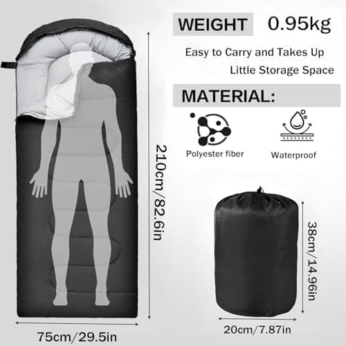 Sleeping Bag for Adults & Kids, 3‑4 Season Cold Weather Camping with Carry Bag, Portable Lightweight Warm for Camping, Hiking, Backpacking & Festival (Black) — view 2
