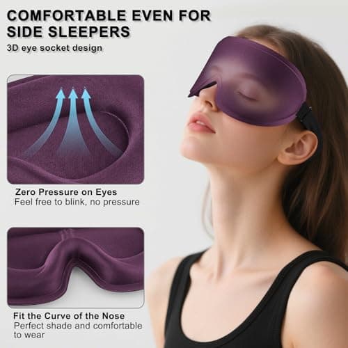 Blackout Sleep Mask for Women Men Zero Eye Pressure Eye Mask, Lycra Fabric 3D Ergonomic Design Eye Movement and Eyelash Friendly, Ultra Comfortable Blindfold for Sleeping Purple — view 3