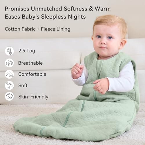 Unnivoll Baby Sleeping Bag 2.5 Tog 0-6 Months 100% Cotton Winter Sleeping Bag Baby 2-Way Zipper Quilted Sleep Sack for Newbron Infant Warm Soft Green — view 2