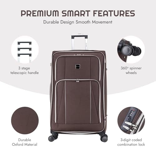 Skylark Large 29” Lightweight Softshell Expandable Suitcase, Integrated Combination Lock, 4 Wheels Check in Luggage for 23kg (Coffee, 112 litres) — view 3