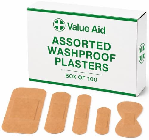 Value Aid Assorted Washproof Plasters - Pack of 100 Individually Wrapped Hypoallergenic, Latex-Free Adhesive - 5 Popular Sizes for First Aid Kit & On-The-Go Medical Supplies