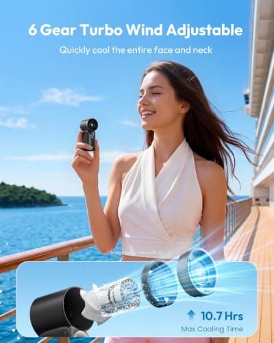 gaiatop Portable Handheld Mini Fan, 6 Speeds 16900 RPM High Velocity Personal Summer Essential with LED Display, USB Rechargeable, with Lanyard for Makeup, Travel, Outdoor, Gift for Women Girl, Black — view 6