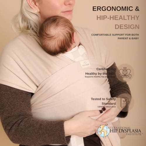 RYLOOBABY Baby Sling Carrier & Stretchy Baby Wrap – Newborn Baby Carrier 3.2–15 kg, Soft Cotton Hands-Free Babywearing Sling, Hip Healthy, One Size XXS–XXXL – Light Beige — view 3