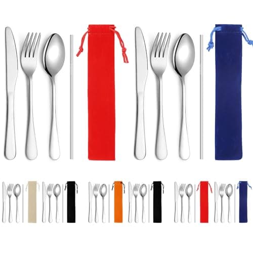 Kyraton Camping Cutlery Set 2 Pack with Portable Base, Stainless Steel Flatware Camping Utensil Set for Outdoor Travel Picnic Office School Farm Work Lunch Box, Dishwasher Safe