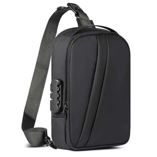 Geestock Anti-Theft Men’s Sling Bag with Password Lock, Waterproof Crossbody Backpack with USB Charging Port, PU Leather Chest Bag for Commute, Travel & Casual Use (Black)