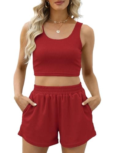 Rayson Women's 2 Pieces Outfit Summer Sleeveless Cropped Top and High-waisted Shorts with Pockets Tracksuit Sets Causal Solid Colour Ribbed(Red,S — view 2