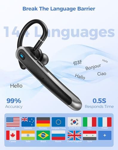 TECKNET Bluetooth Earpiece, Bluetooth 5.4 Wireless Headset with Dual Mic ENC Noise Cancelling & Mute, Real-Time AI Translation, 56H LED Charging Case, Single-Ear Headset for Business, Travel, Truckers — view 3