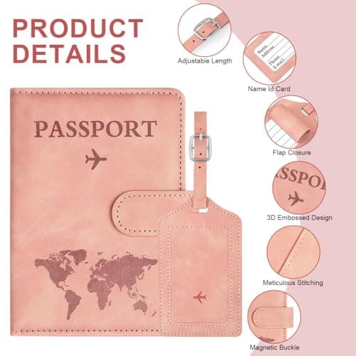 OFFCUP Passport Holder Cover, PU Leather Passport Cover and Luggage Tag Set with RFID Blocking Travel Wallet, Universal Travel Wallet Case Organiser for Money, Boarding Passes, Credit Cards Pink — view 3