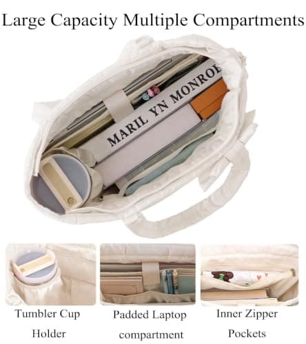 CTWWFS Puffer Tote Bag for Women, Quilted Bow Tote Bag with Cup Holder & 15.6 In Laptop Compartment for Work, Travel, Gym, College (Beige) — view 4