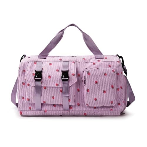 Flintronic Corduroy Strawberry Travel Duffel Bag, Large Gym Bag with Shoe Compartment & Wet Pocket, Foldable Weekender Bag for Gym, Swim, Dance, Travel (Purple)