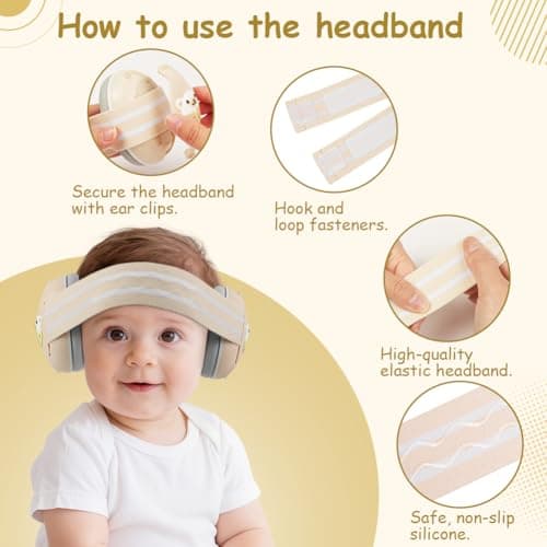 Adiwo 2-in-1 Baby Ear Defender, Non-Slip Baby Headphones, Noise Canceling Headphone & Headband for Babies, Ultra-Soft and Adjustable to 0-48 Months, Hearing Protection for Sleep Travel, Beige — view 5