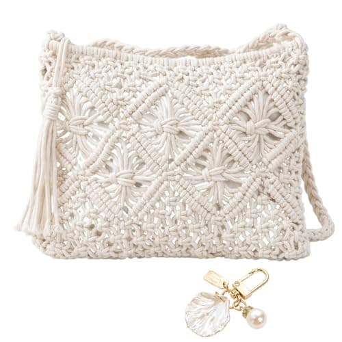 Tniytru Straw Bag Set with Shell Keychain, Woven Beach Bag for Women, Summer Holiday Handbag, Crochet Straw Tote