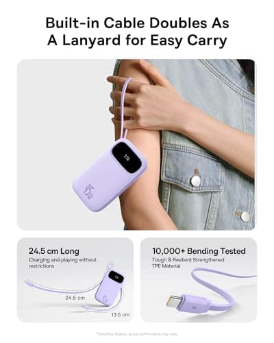 Baseus Powerbank 20000 mAh 45 W with Integrated USB-C Cable, QPow3 Power Bank PD3.0 QC4.0 External Mobile Phone Batteries, 3 usb-C, 1 usb-A, Portable Charger for iPhone 16/15/14 Pro Max, iPad, Galaxy — view 4