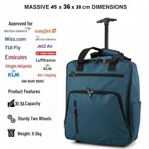 TR-E-002 EasyJet Cabin Bags 45x36x20cm Underseat Rucksack for Plane Hand Luggage Backpack Rolling Wheeled Travel Backpack with Adjustable Height Handle Travel Bag Turquoise — view 4