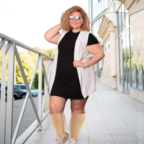 PUTUO Plus Size Compression Socks: Wide Calf Zip Flight Sock Women Men Extra Large Graduated Open Toe Support Stockings for Travel Beige XXL 1Pairs — view 6