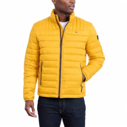 Tommy Hilfiger Men's Lightweight Down Alternative Packable Puffer Jacket Coat, Yellow Gold, XL