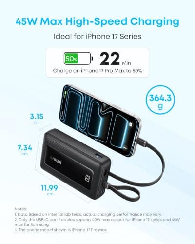 Anker Power Bank, 20,000mAh 45W Portable Charger,Dual Built-in USB-C Cables — view 5