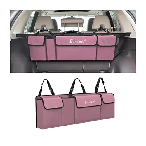 Hanemia Car Trunk Organizer, Backseat Hanging Storage with 4 Large Pockets, Collapsible Cargo Bag with Adjustable Straps Frees Trunk Floor, Sturdy Space Saving Expert for SUV, Truck, Van (Pink)